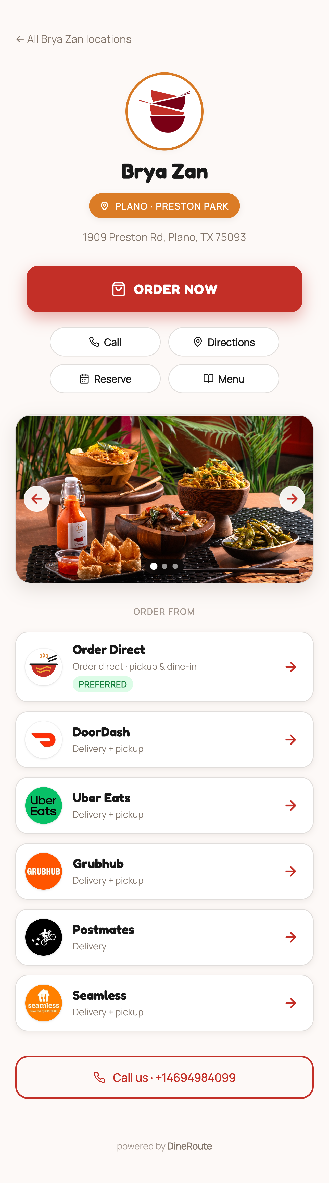Brya Zan DineRoute branded order page auto-scrolling on mobile