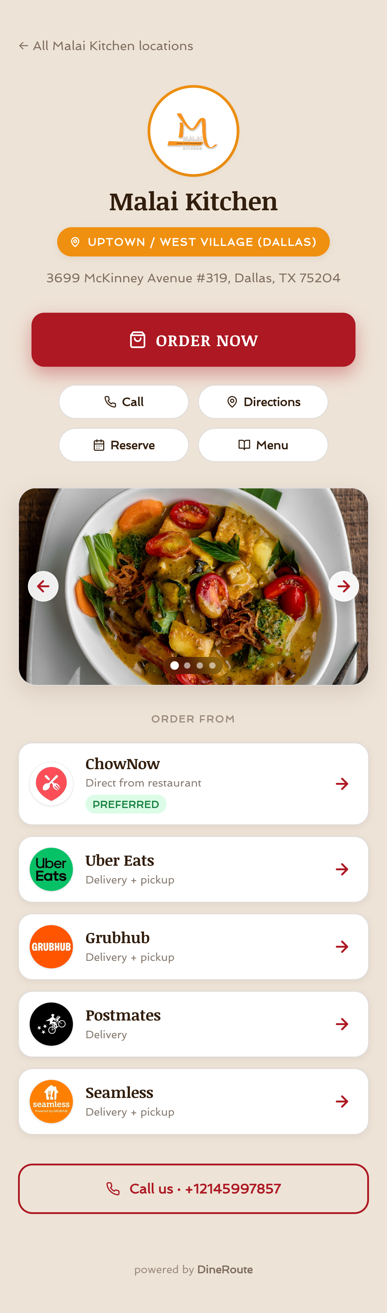 Malai Kitchen DineRoute branded order page auto-scrolling on mobile