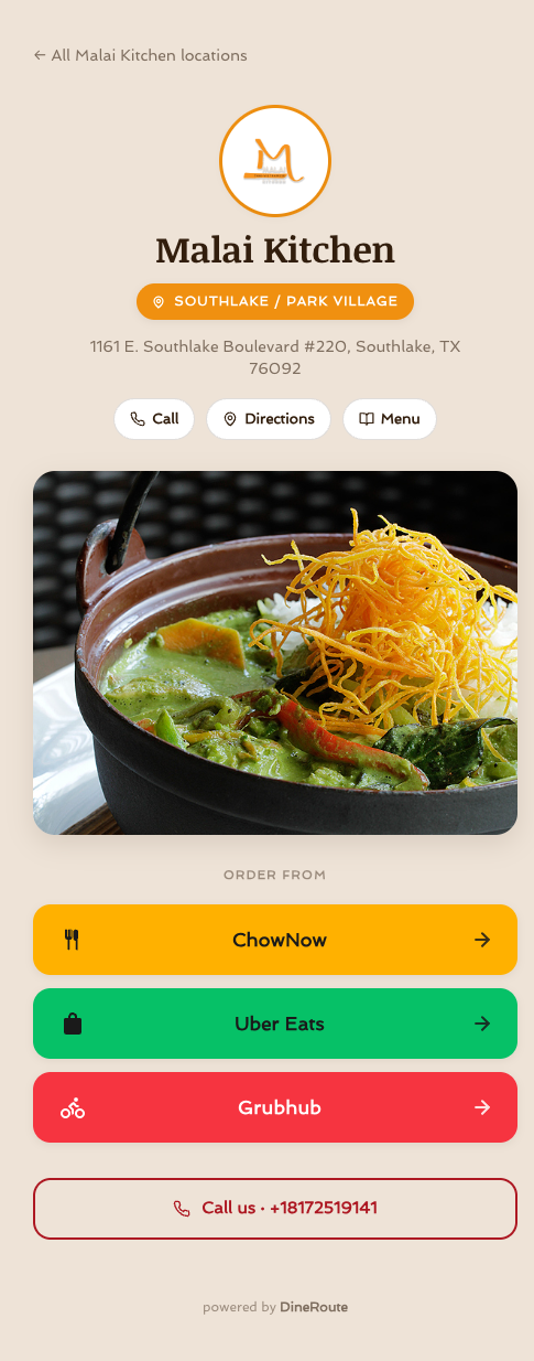 A live Malai Kitchen DineRoute page on mobile