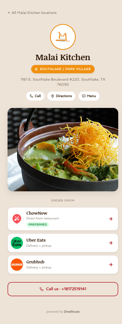 A Malai Kitchen DineRoute page with ordering platforms